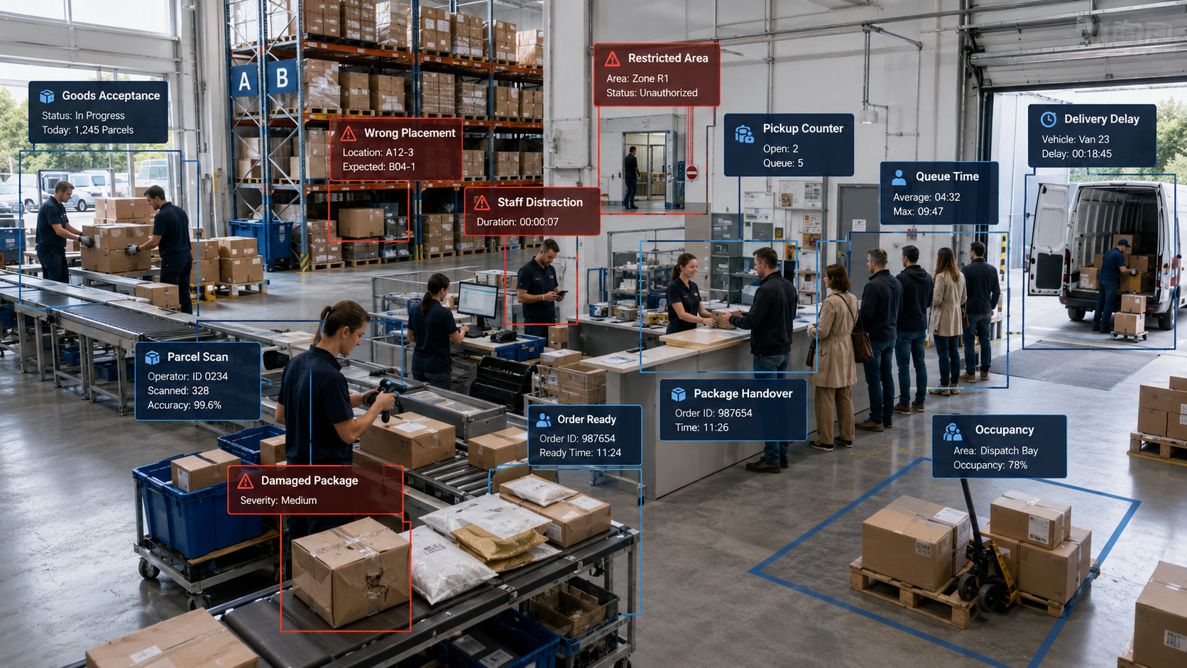 Warehouse and pickup point AI event detection scenarios